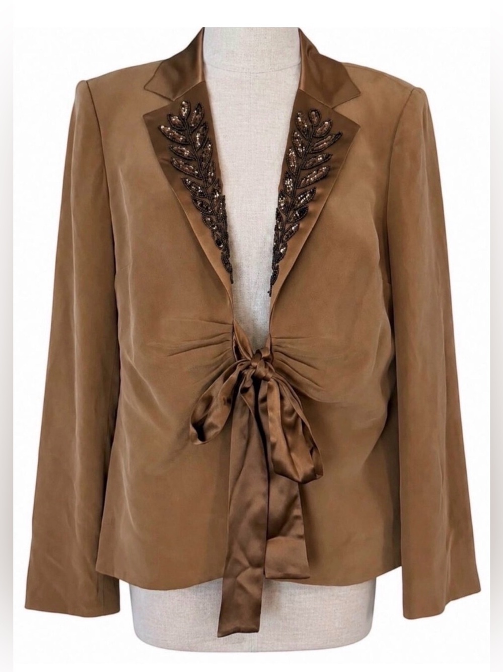 Bloomingdale’s Silk Blazer Womens 12 Brown Beaded Sequin Lapel Tie Front Evening
